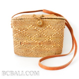 ladies handbag made from ata grass straw leather long  strap bali indonesia